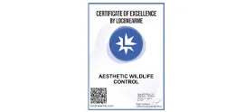 LocaNearMe Certificate of Excellence awarded to Aesthetic Wildlife Control, featuring a blue circular logo and a QR code.
